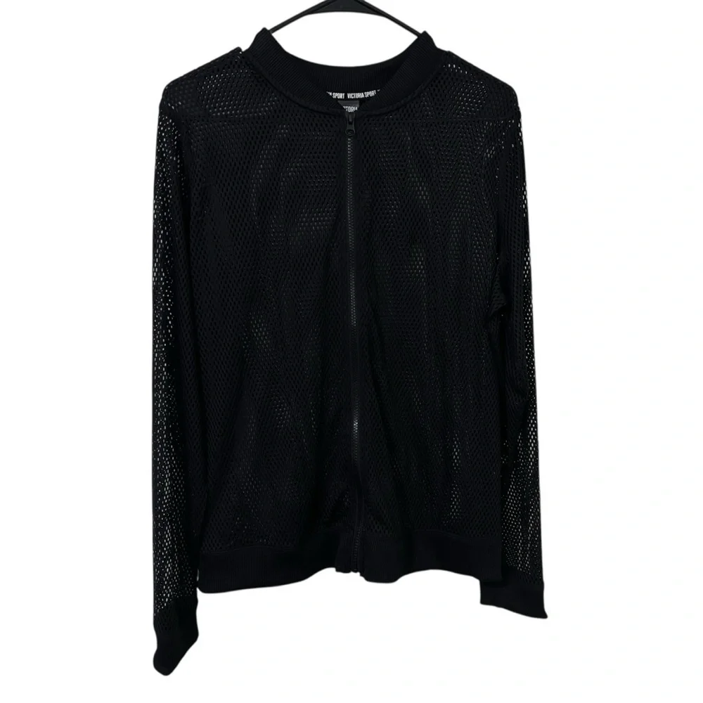 *New* Victoria sport Black Mesh sheer Zip-Up Bomber Jacket size Large